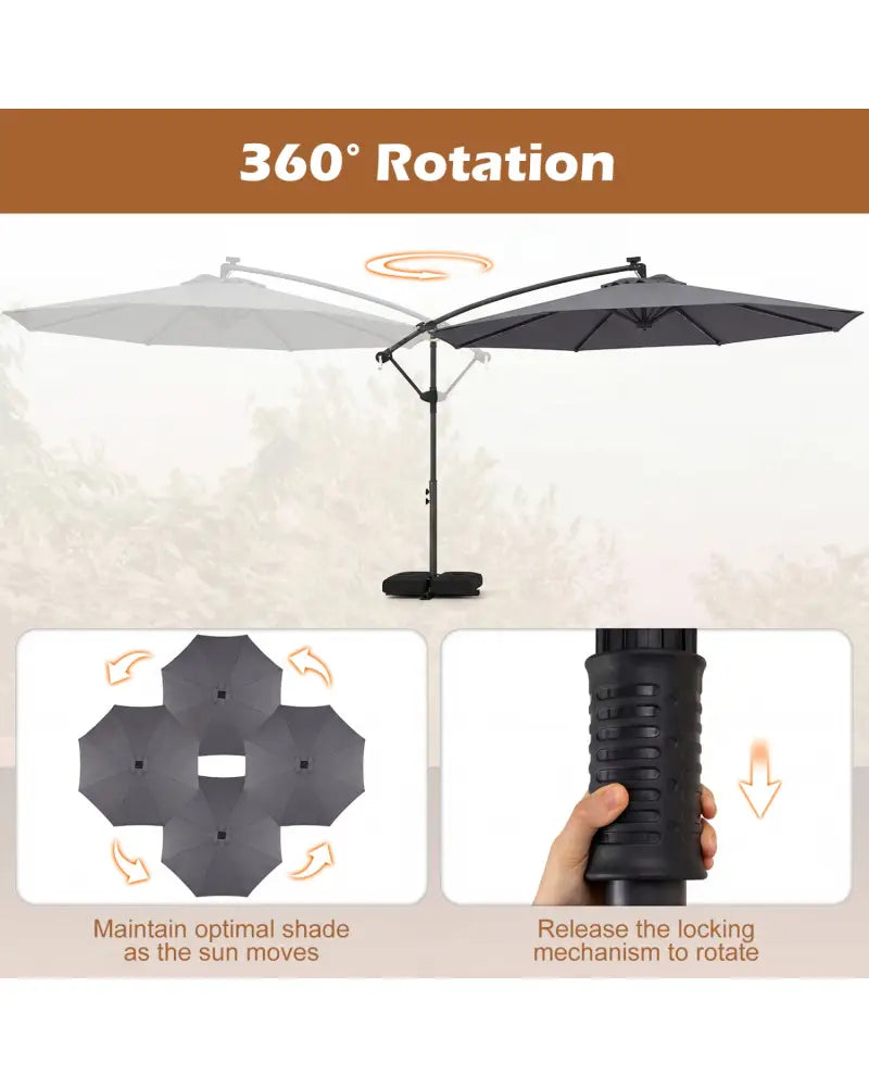 10 FT Solar LED Offset Cantilever Patio Umbrella Hanging Outdoor Market Umbrella-Gray - Gray - Outdoor Umbrellas