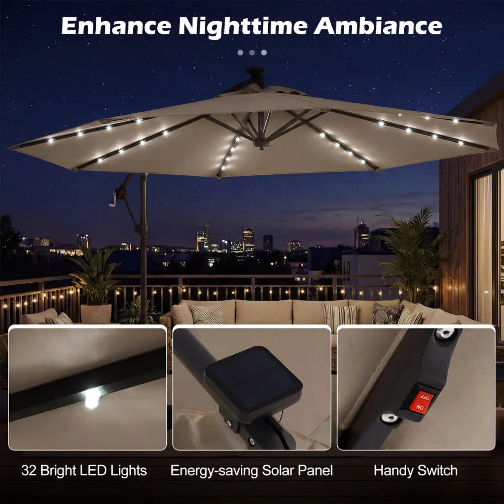 10 FT Solar LED Offset Cantilever Patio Umbrella Hanging Outdoor Market Umbrella-Brown - Brown - Outdoor Umbrellas