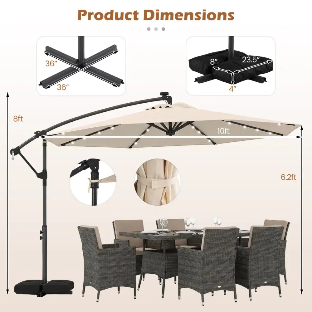 10 FT Solar LED Offset Cantilever Patio Umbrella Hanging Outdoor Market Umbrella-Beige - Beige - Outdoor Umbrellas