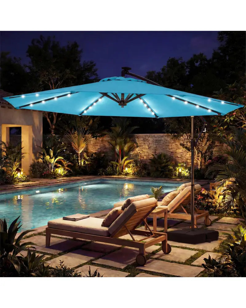 10 FT Solar LED Offset Cantilever Patio Umbrella Hanging Outdoor Market Umbrella-Turquoise - Turquoise - Outdoor