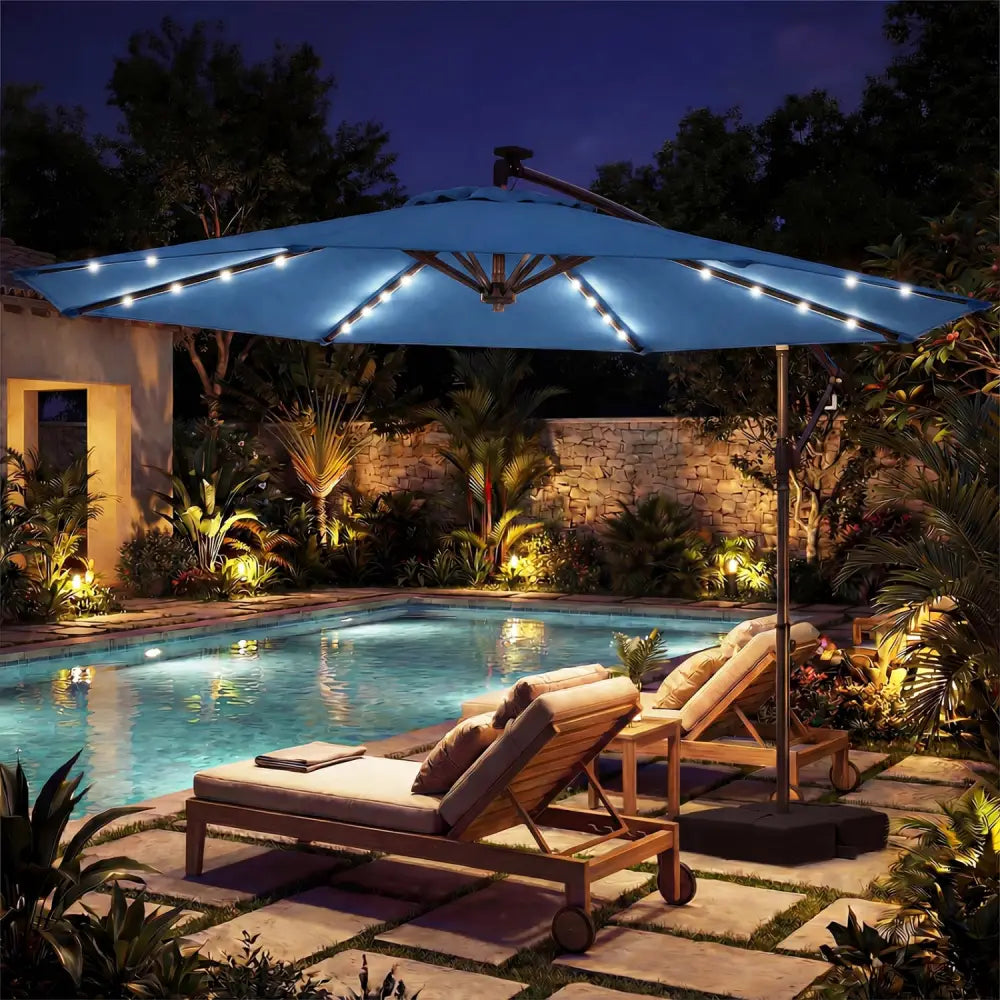 10 FT Solar LED Offset Cantilever Patio Umbrella Hanging Outdoor Market Umbrella-Navy - Navy - Outdoor Umbrellas