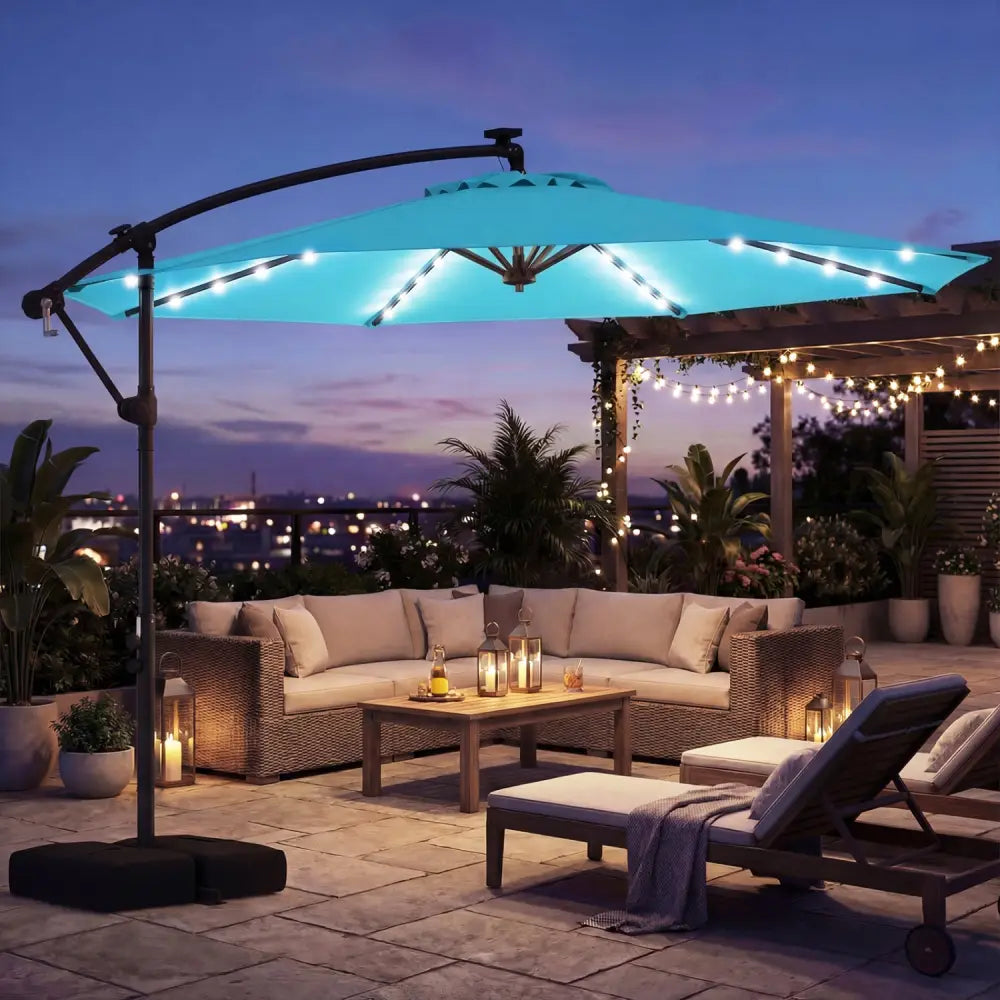 10 FT Solar LED Offset Cantilever Patio Umbrella Hanging Outdoor Market Umbrella-Turquoise - Turquoise - Outdoor