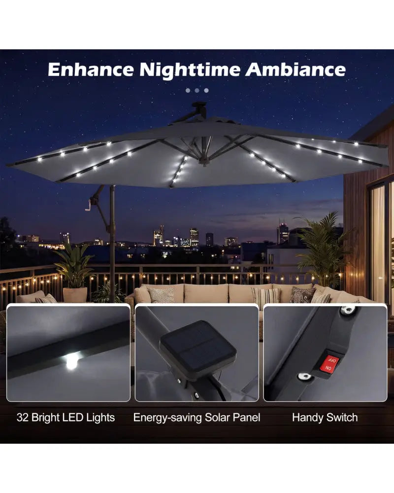 10 FT Solar LED Offset Cantilever Patio Umbrella Hanging Outdoor Market Umbrella-Gray - Gray - Outdoor Umbrellas