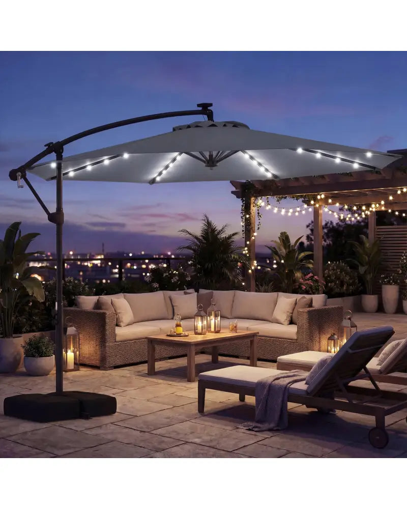 10 FT Solar LED Offset Cantilever Patio Umbrella Hanging Outdoor Market Umbrella-Gray - Gray - Outdoor Umbrellas