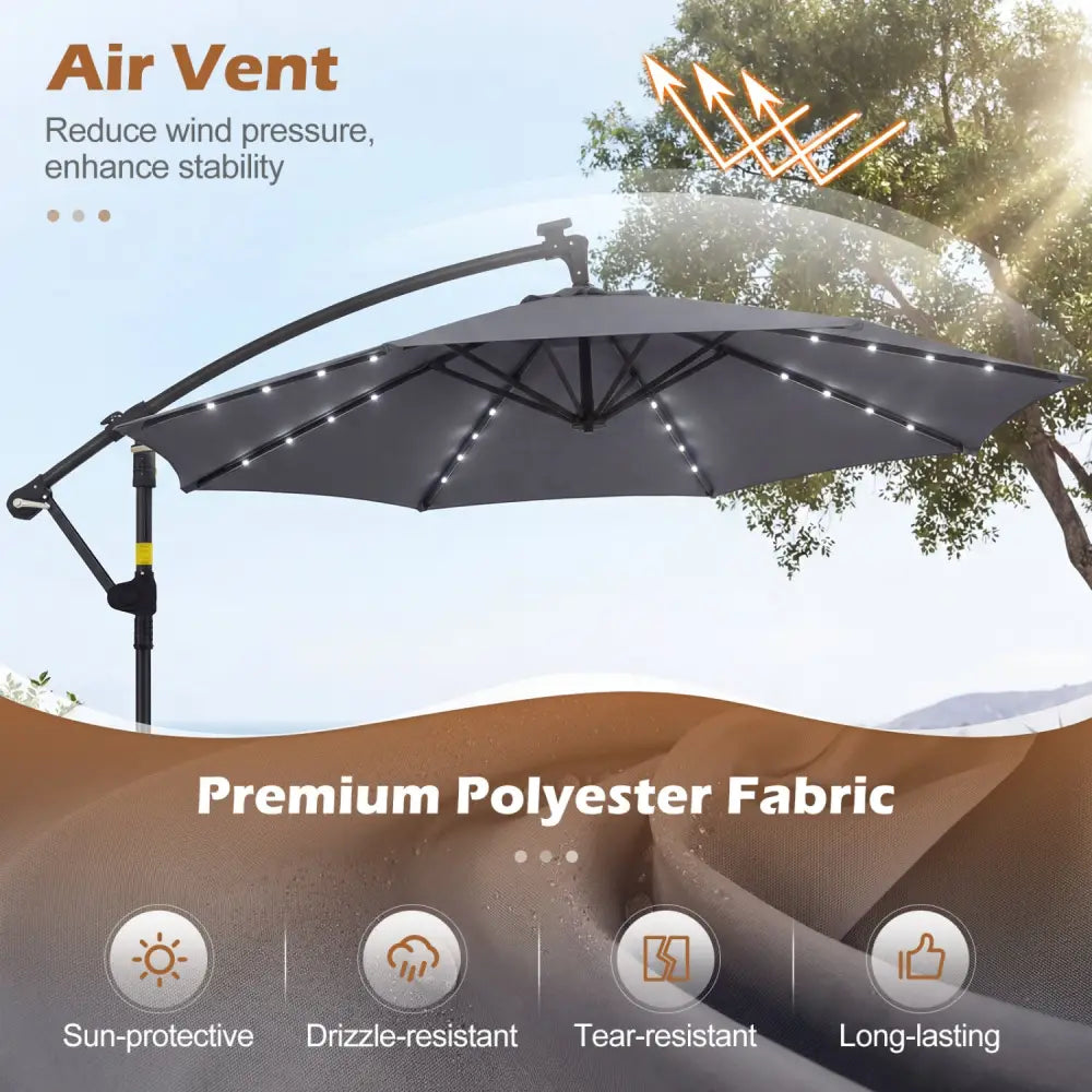 10 FT Solar LED Offset Cantilever Patio Umbrella Hanging Outdoor Market Umbrella-Gray - Gray - Outdoor Umbrellas