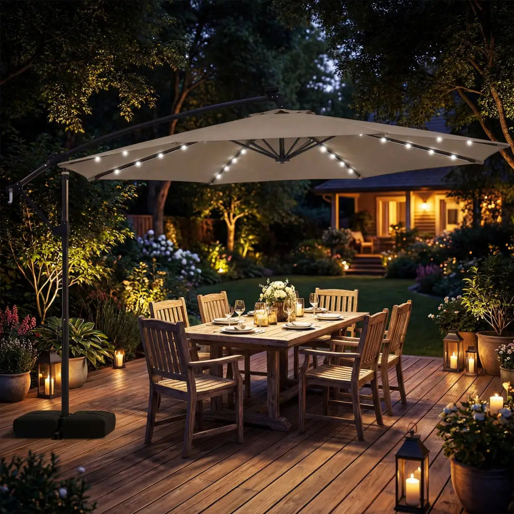 10 FT Solar LED Offset Cantilever Patio Umbrella Hanging Outdoor Market Umbrella-Brown - Brown - Outdoor Umbrellas