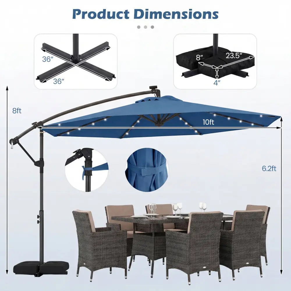 10 FT Solar LED Offset Cantilever Patio Umbrella Hanging Outdoor Market Umbrella-Navy - Navy - Outdoor Umbrellas