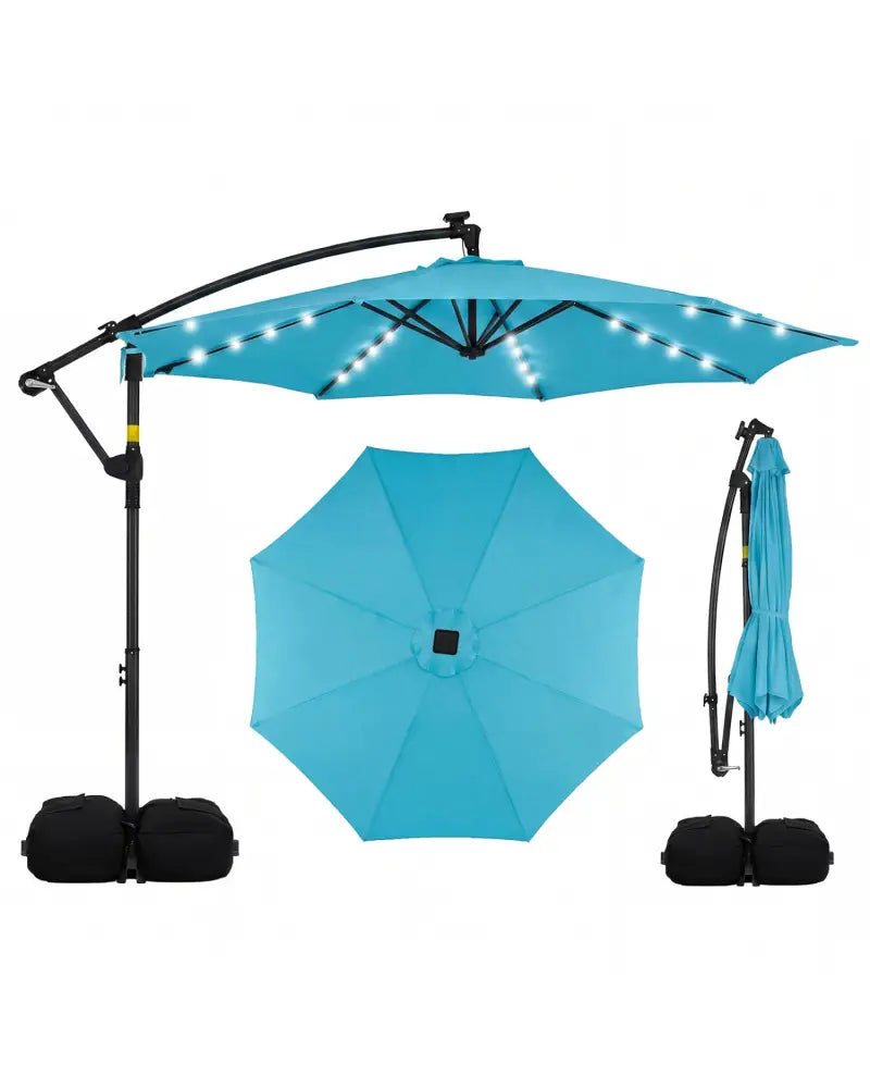 10 FT Solar LED Offset Cantilever Patio Umbrella Hanging Outdoor Market Umbrella-Turquoise - Turquoise - Outdoor