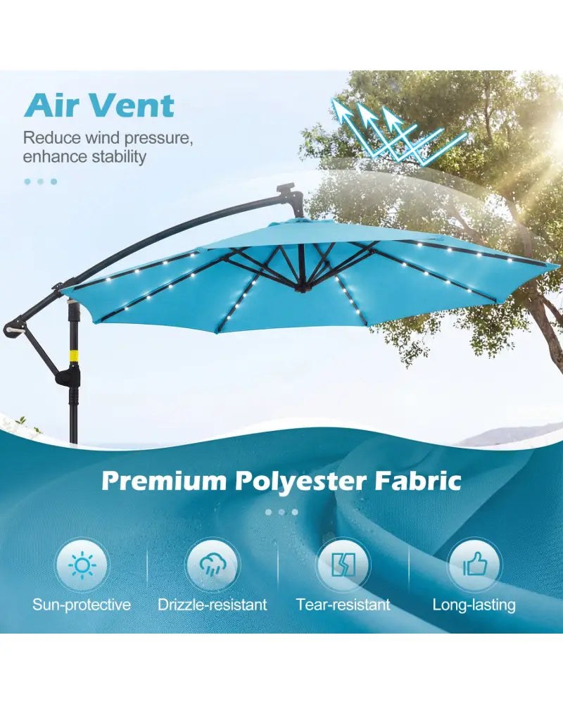 10 FT Solar LED Offset Cantilever Patio Umbrella Hanging Outdoor Market Umbrella-Turquoise - Turquoise - Outdoor