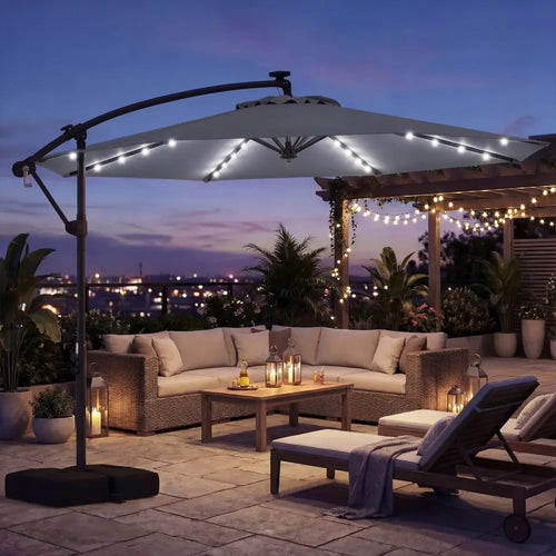 10 FT Solar LED Offset Cantilever Patio Umbrella Hanging Outdoor Market Umbrella-Gray - Gray - Outdoor Umbrellas