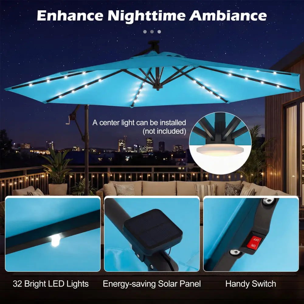 10 FT Solar LED Offset Cantilever Patio Umbrella Hanging Outdoor Market Umbrella-Turquoise - Turquoise - Outdoor