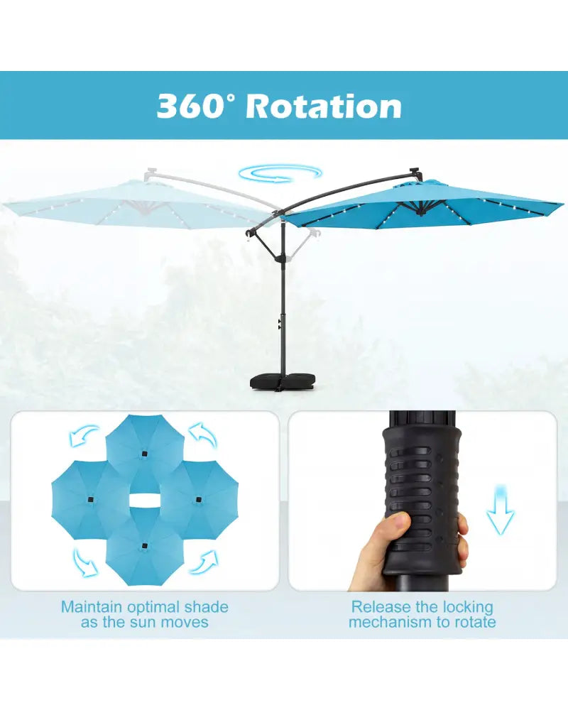 10 FT Solar LED Offset Cantilever Patio Umbrella Hanging Outdoor Market Umbrella-Turquoise - Turquoise - Outdoor
