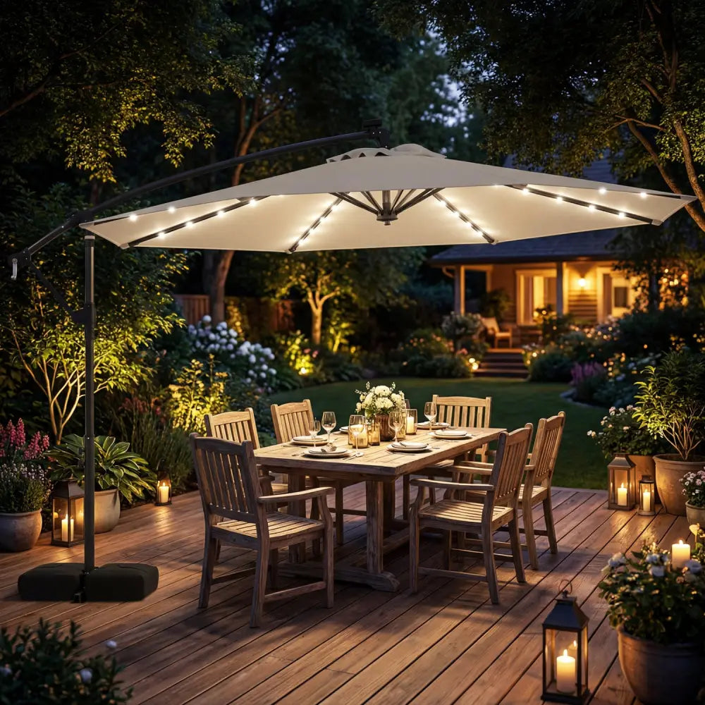10 FT Solar LED Offset Cantilever Patio Umbrella Hanging Outdoor Market Umbrella-Beige - Beige - Outdoor Umbrellas