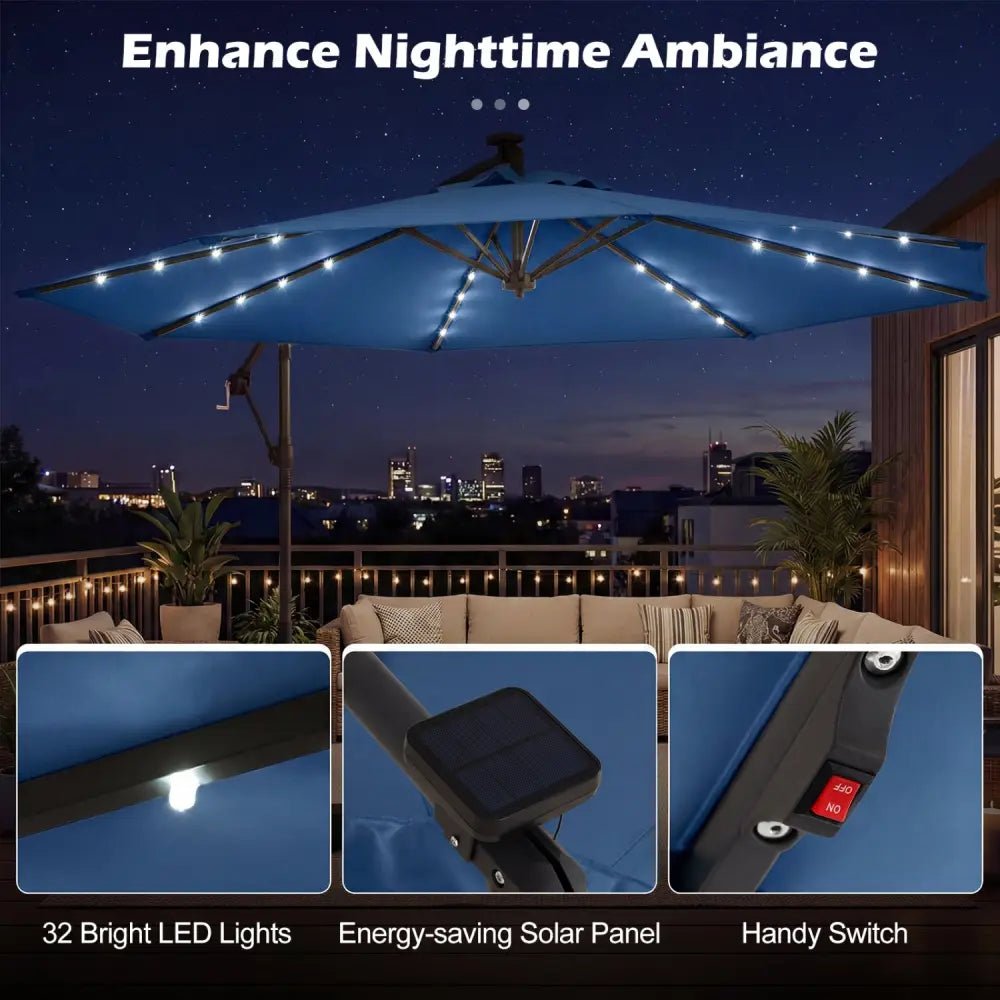 10 FT Solar LED Offset Cantilever Patio Umbrella Hanging Outdoor Market Umbrella-Navy - Navy - Outdoor Umbrellas