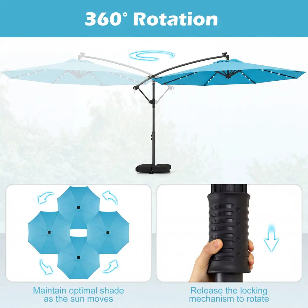 10 FT Solar LED Offset Cantilever Patio Umbrella Hanging Outdoor Market Umbrella-Turquoise - Turquoise - Outdoor