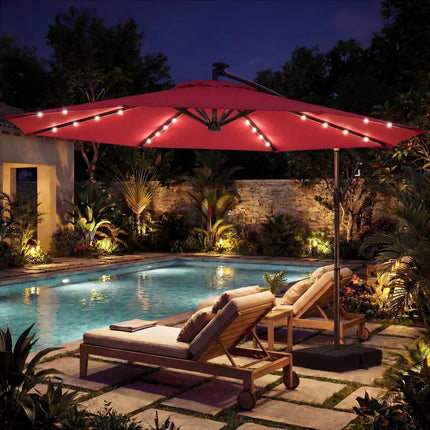 10 FT Solar LED Offset Cantilever Patio Umbrella Hanging Outdoor Market Umbrella-Red - Red - Outdoor Umbrellas