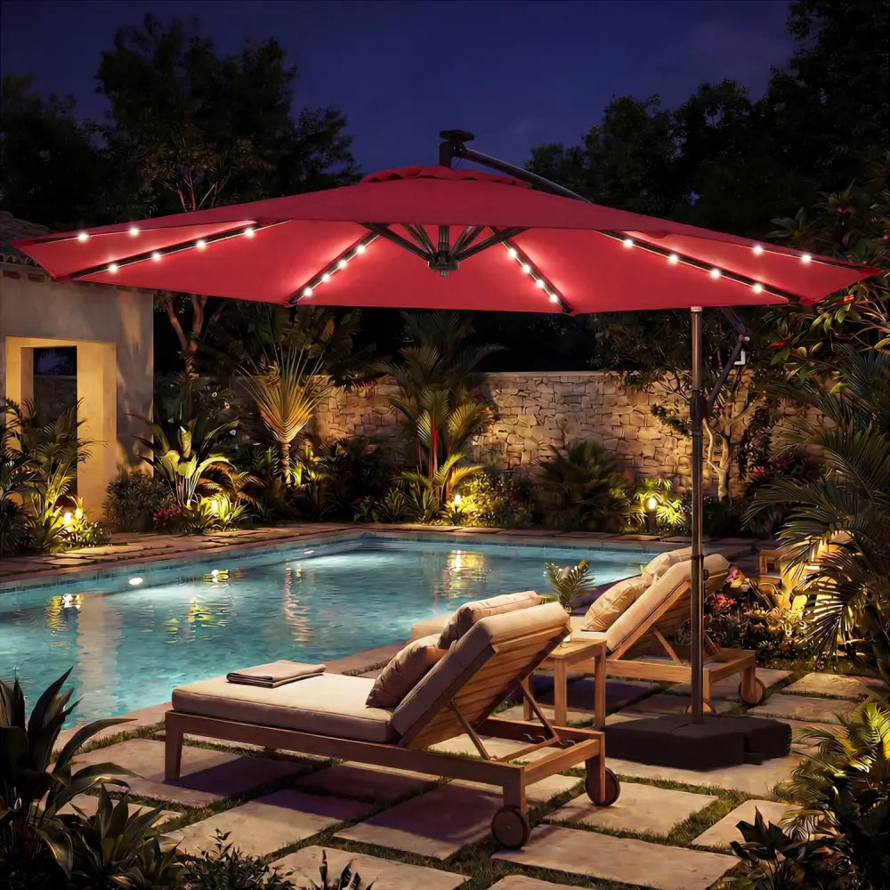 10 FT Solar LED Offset Cantilever Patio Umbrella Hanging Outdoor Market Umbrella-Red - Red - Outdoor Umbrellas