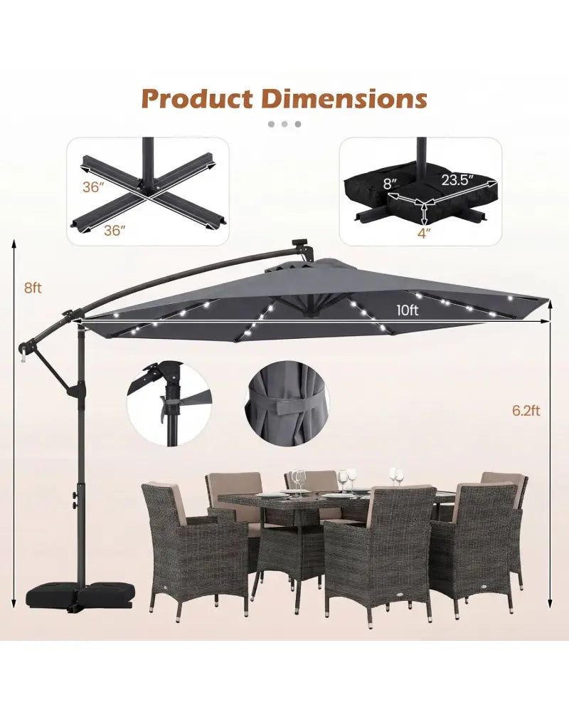 10 FT Solar LED Offset Cantilever Patio Umbrella Hanging Outdoor Market Umbrella-Gray - Gray - Outdoor Umbrellas