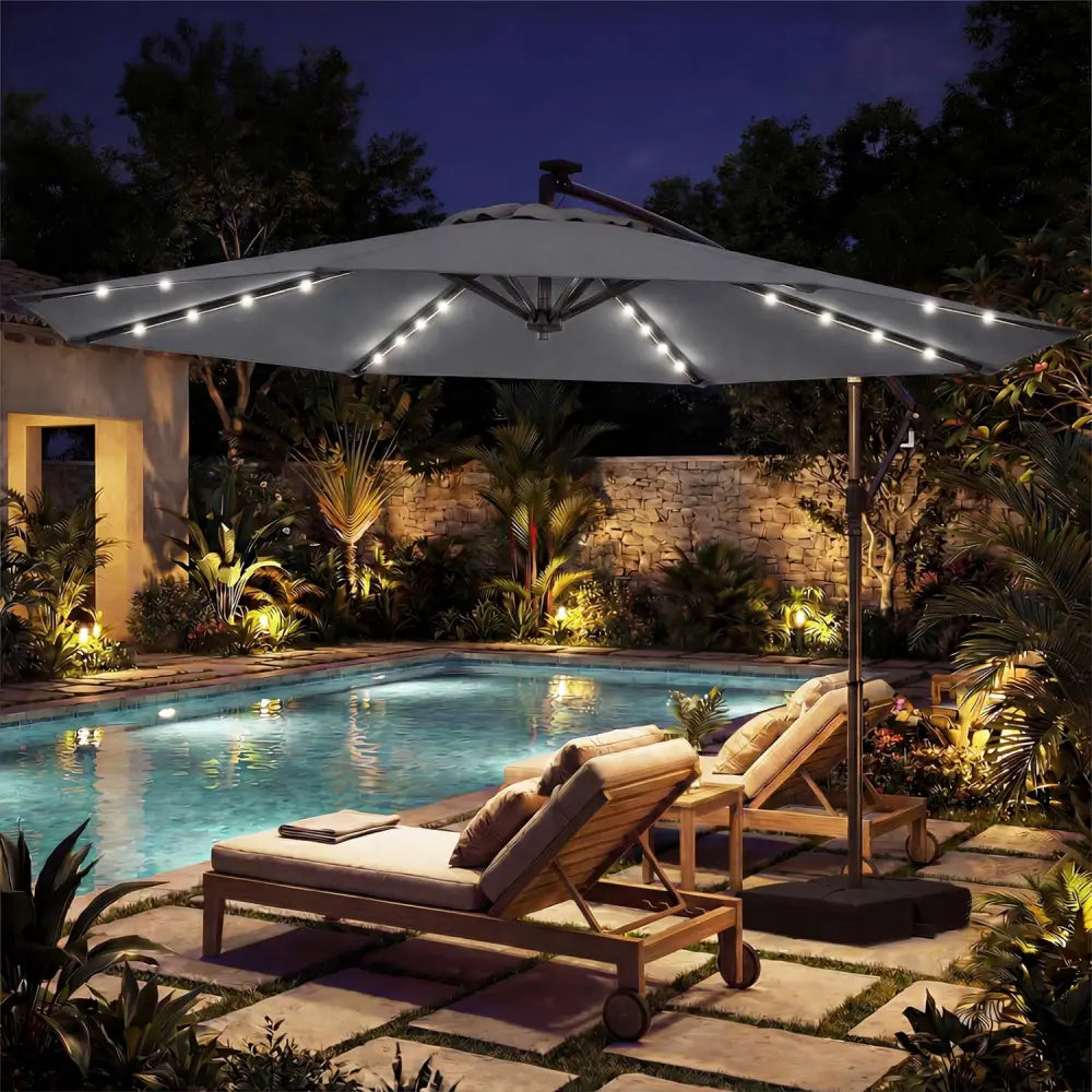 10 FT Solar LED Offset Cantilever Patio Umbrella Hanging Outdoor Market Umbrella-Gray - Gray - Outdoor Umbrellas