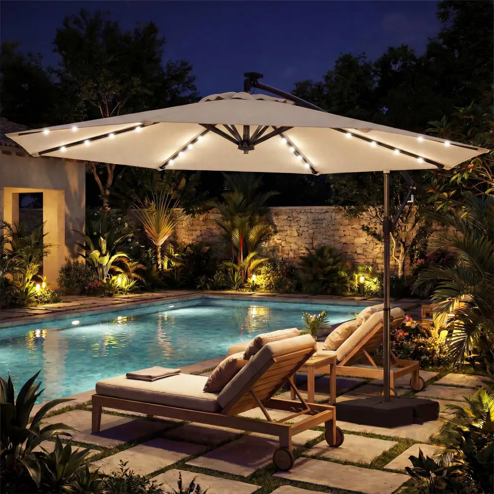 10 FT Solar LED Offset Cantilever Patio Umbrella Hanging Outdoor Market Umbrella-Beige - Beige - Outdoor Umbrellas