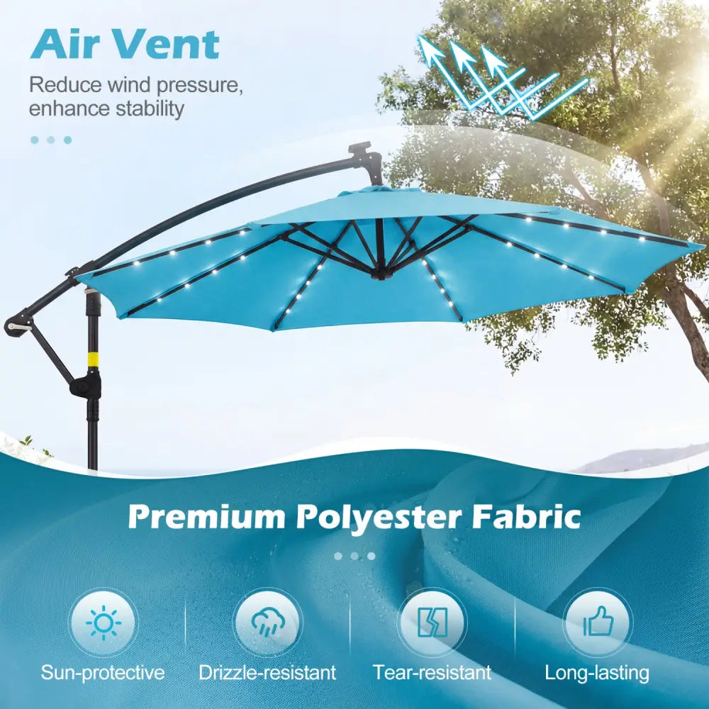 10 FT Solar LED Offset Cantilever Patio Umbrella Hanging Outdoor Market Umbrella-Turquoise - Turquoise - Outdoor