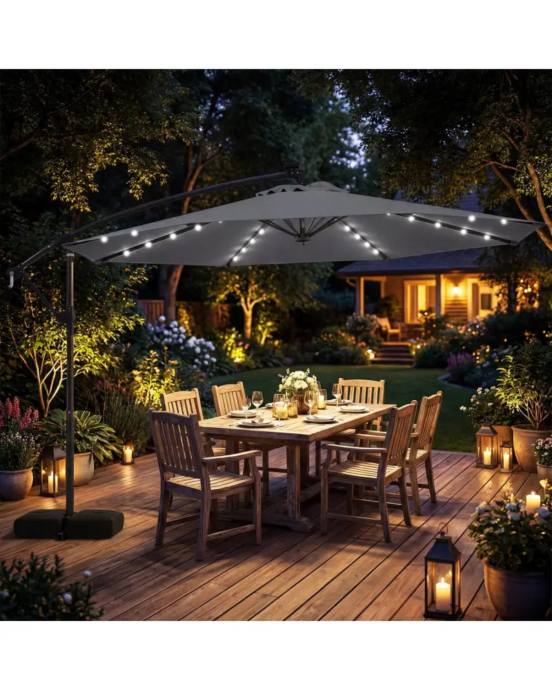 10 FT Solar LED Offset Cantilever Patio Umbrella Hanging Outdoor Market Umbrella-Gray - Gray - Outdoor Umbrellas