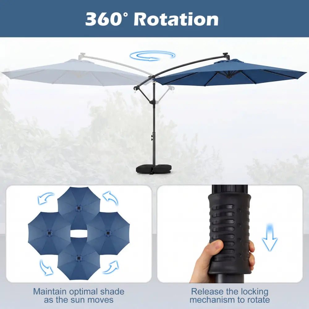 10 FT Solar LED Offset Cantilever Patio Umbrella Hanging Outdoor Market Umbrella-Navy - Navy - Outdoor Umbrellas