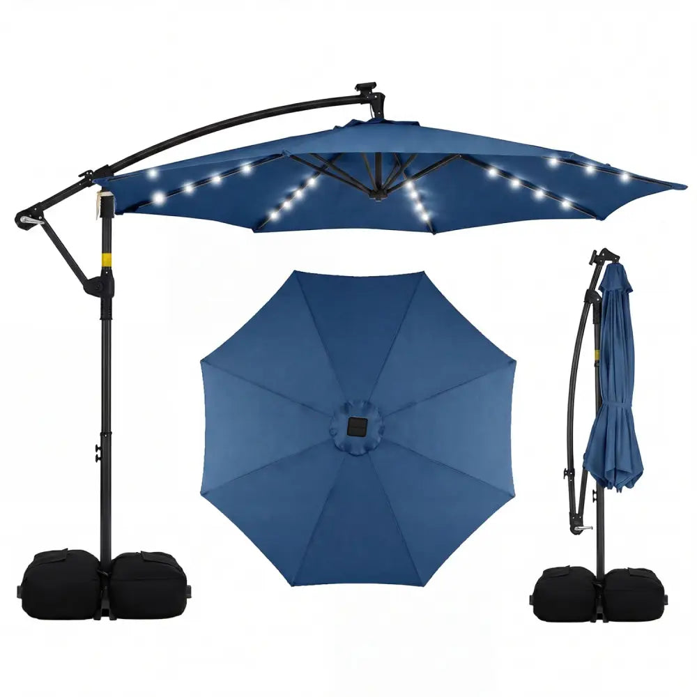 10 FT Solar LED Offset Cantilever Patio Umbrella Hanging Outdoor Market Umbrella-Navy - Navy - Outdoor Umbrellas
