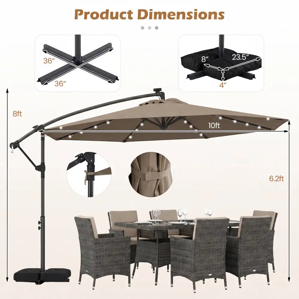 10 FT Solar LED Offset Cantilever Patio Umbrella Hanging Outdoor Market Umbrella-Brown - Brown - Outdoor Umbrellas