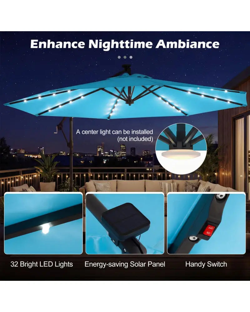 10 FT Solar LED Offset Cantilever Patio Umbrella Hanging Outdoor Market Umbrella-Turquoise - Turquoise - Outdoor