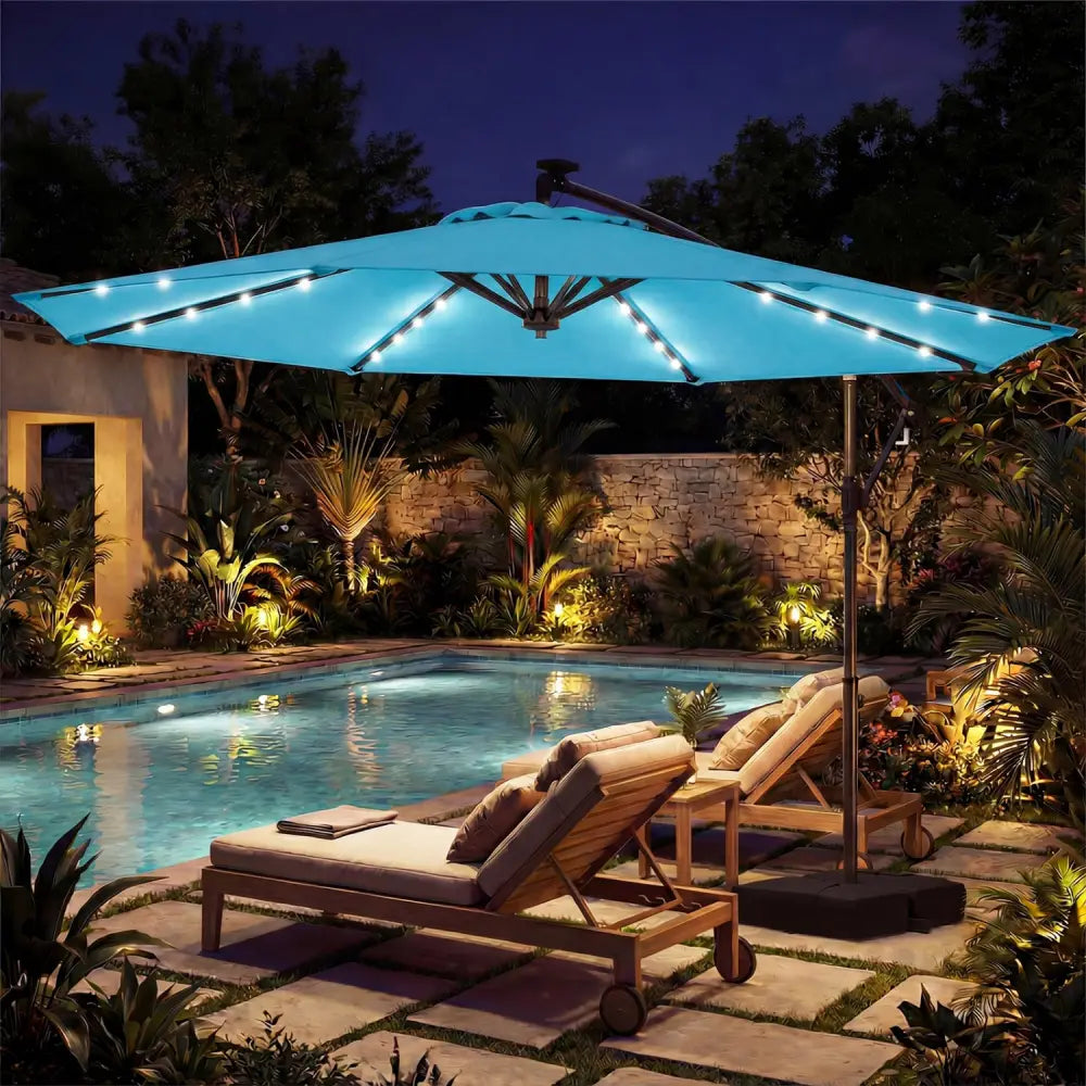 10 FT Solar LED Offset Cantilever Patio Umbrella Hanging Outdoor Market Umbrella-Turquoise - Turquoise - Outdoor