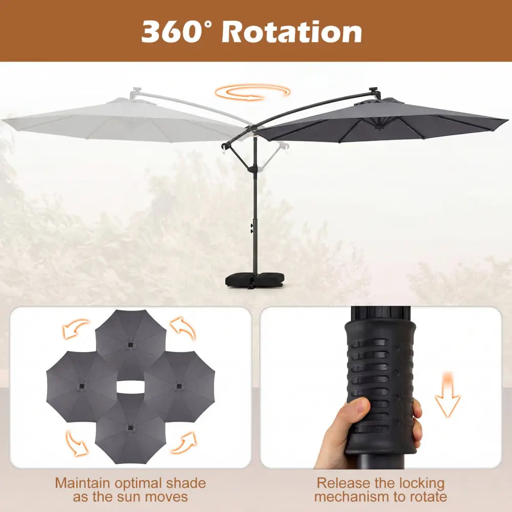 10 FT Solar LED Offset Cantilever Patio Umbrella Hanging Outdoor Market Umbrella-Gray - Gray - Outdoor Umbrellas