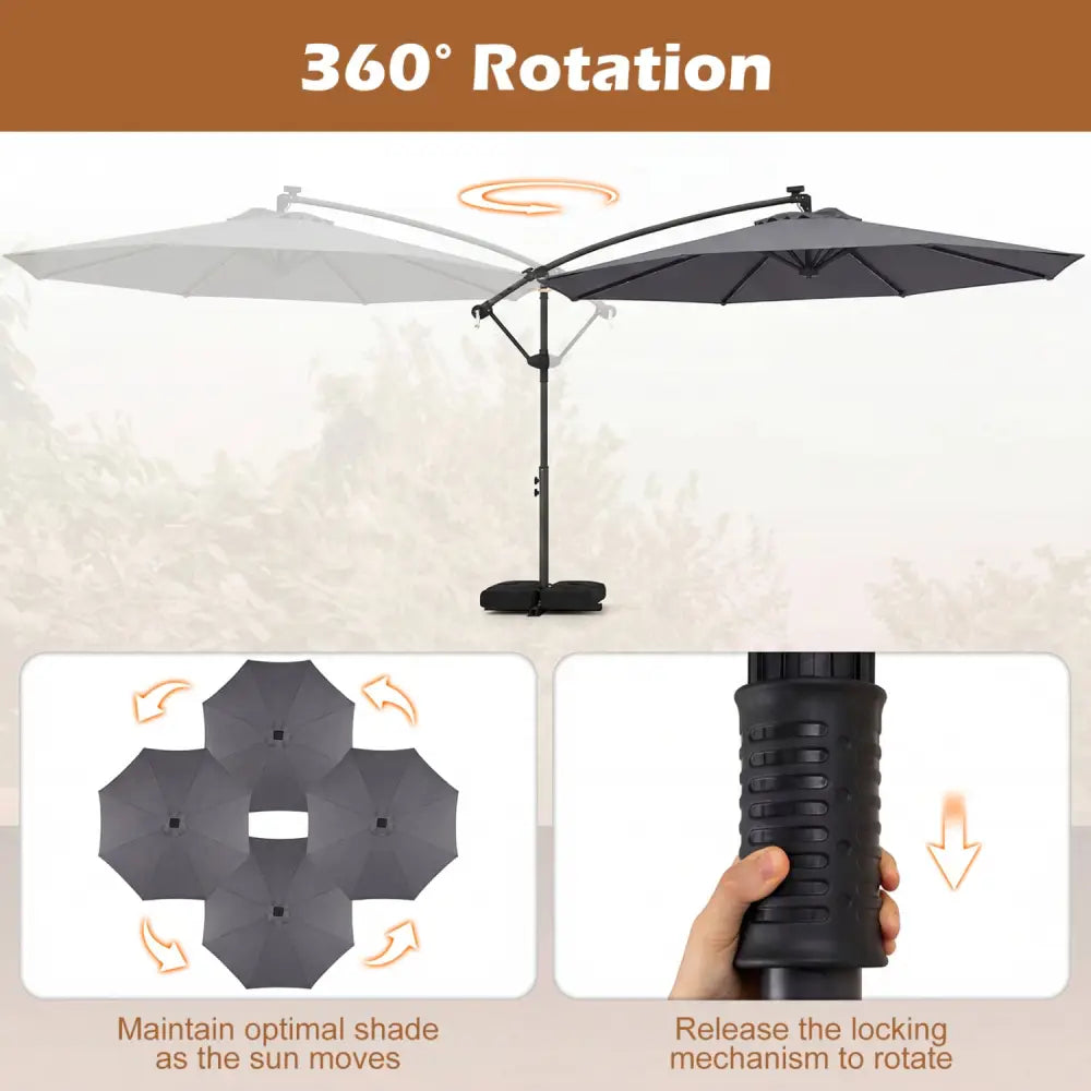 10 FT Solar LED Offset Cantilever Patio Umbrella Hanging Outdoor Market Umbrella-Gray - Gray - Outdoor Umbrellas