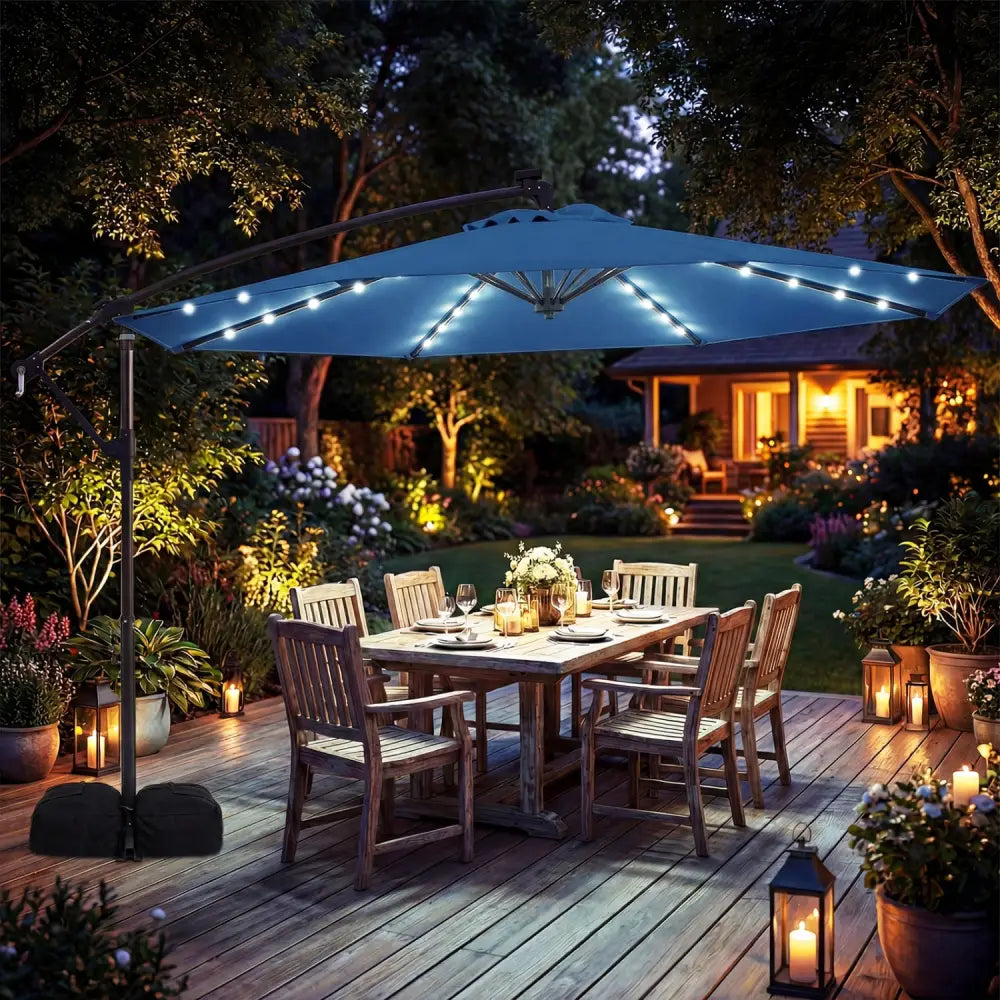 10 FT Solar LED Offset Cantilever Patio Umbrella Hanging Outdoor Market Umbrella-Navy - Navy - Outdoor Umbrellas