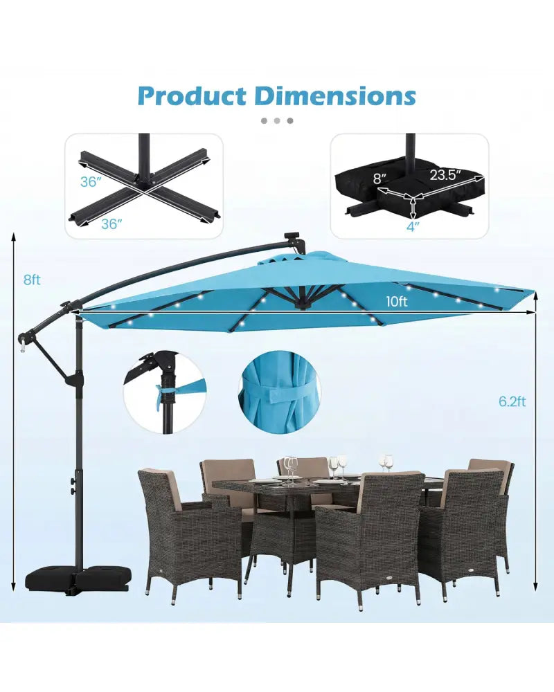 10 FT Solar LED Offset Cantilever Patio Umbrella Hanging Outdoor Market Umbrella-Turquoise - Turquoise - Outdoor
