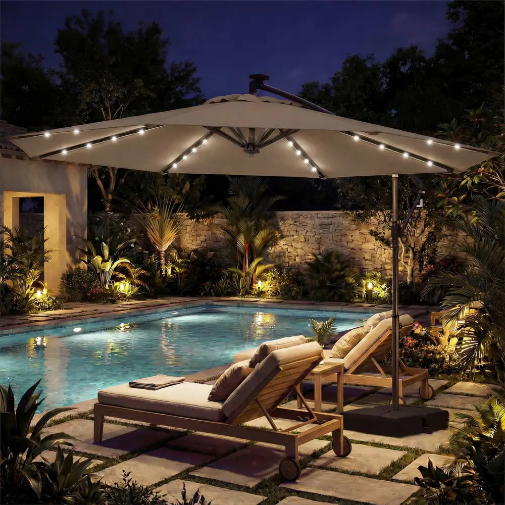 10 FT Solar LED Offset Cantilever Patio Umbrella Hanging Outdoor Market Umbrella-Brown - Brown - Outdoor Umbrellas