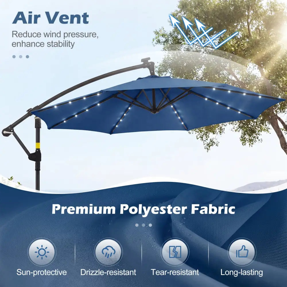 10 FT Solar LED Offset Cantilever Patio Umbrella Hanging Outdoor Market Umbrella-Navy - Navy - Outdoor Umbrellas