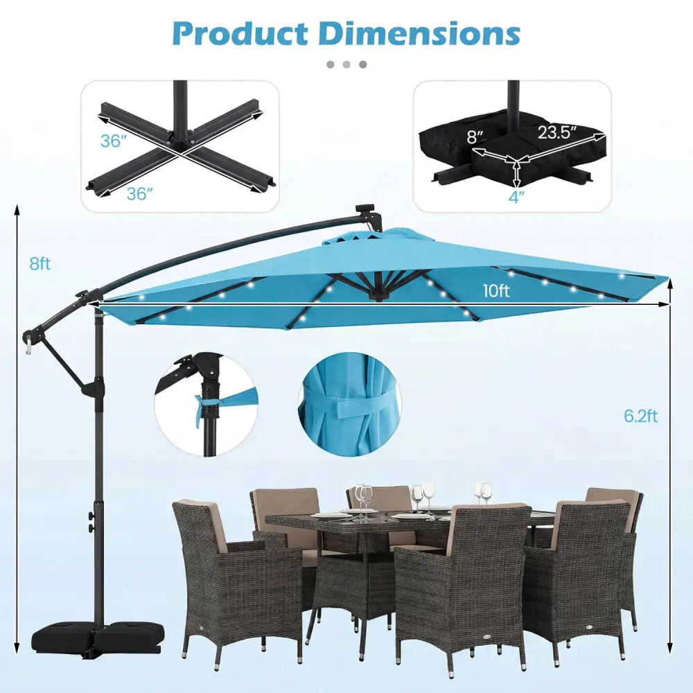 10 FT Solar LED Offset Cantilever Patio Umbrella Hanging Outdoor Market Umbrella-Turquoise - Turquoise - Outdoor