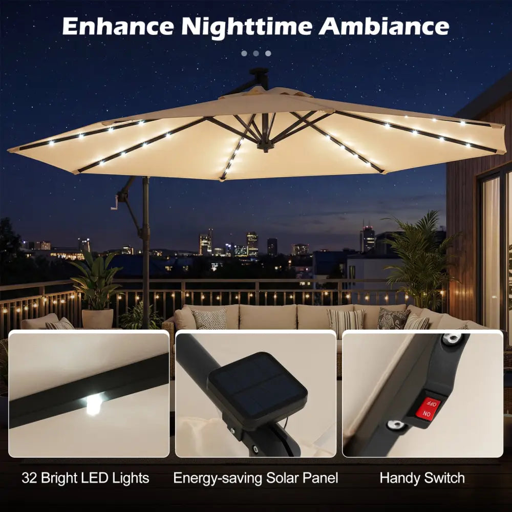 10 FT Solar LED Offset Cantilever Patio Umbrella Hanging Outdoor Market Umbrella-Beige - Beige - Outdoor Umbrellas