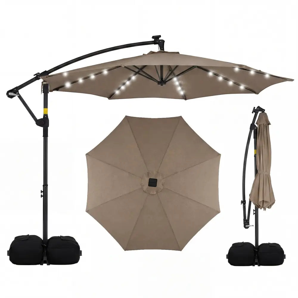 10 FT Solar LED Offset Cantilever Patio Umbrella Hanging Outdoor Market Umbrella-Brown - Brown - Outdoor Umbrellas