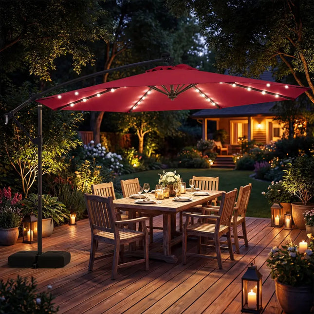 10 FT Solar LED Offset Cantilever Patio Umbrella Hanging Outdoor Market Umbrella-Red - Red - Outdoor Umbrellas