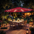 10 FT Solar LED Offset Cantilever Patio Umbrella Hanging Outdoor Market Umbrella-Red - Red - Outdoor Umbrellas