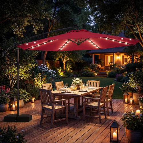 10 FT Solar LED Offset Cantilever Patio Umbrella Hanging Outdoor Market Umbrella-Red - Red - Outdoor Umbrellas