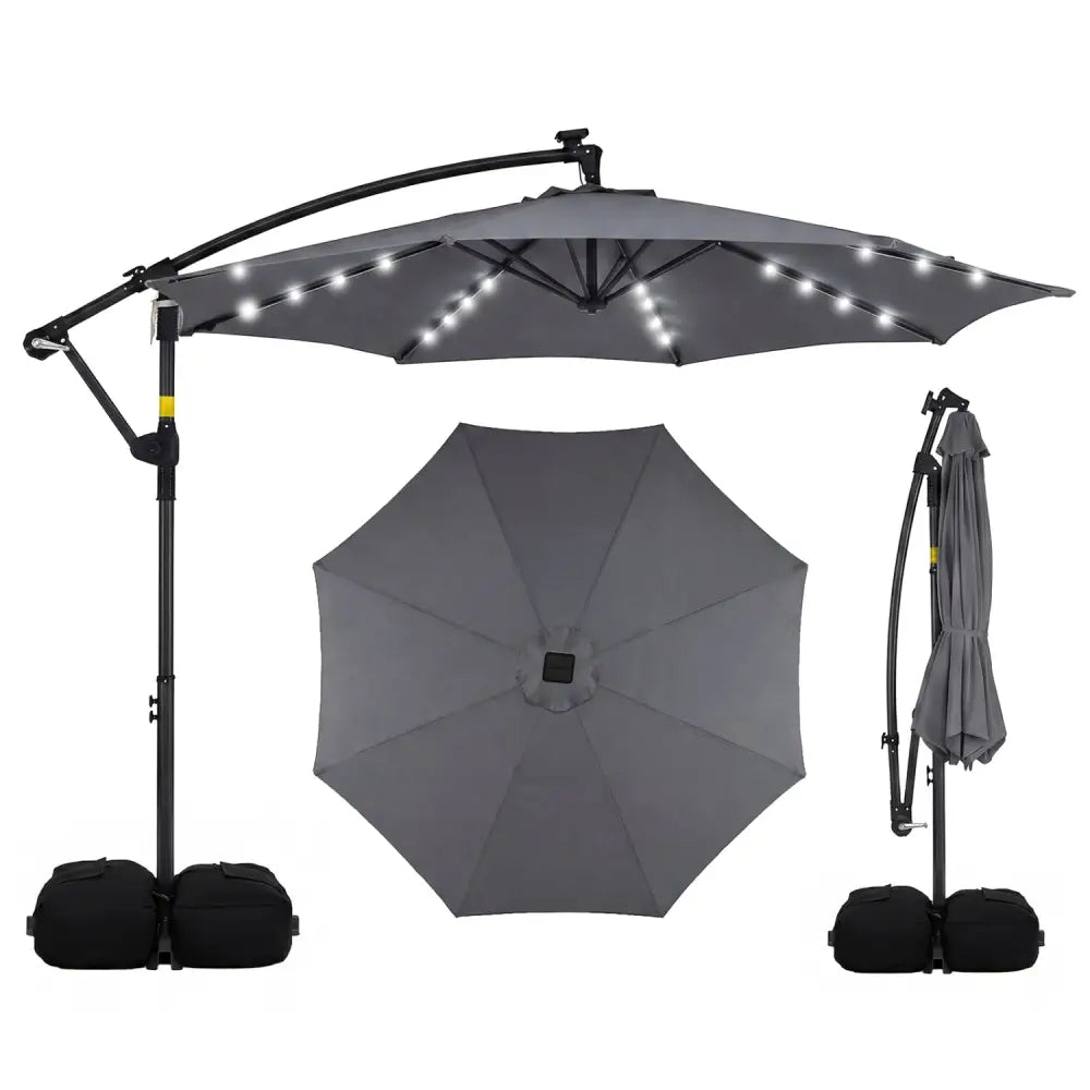 10 FT Solar LED Offset Cantilever Patio Umbrella Hanging Outdoor Market Umbrella-Gray - Gray - Outdoor Umbrellas