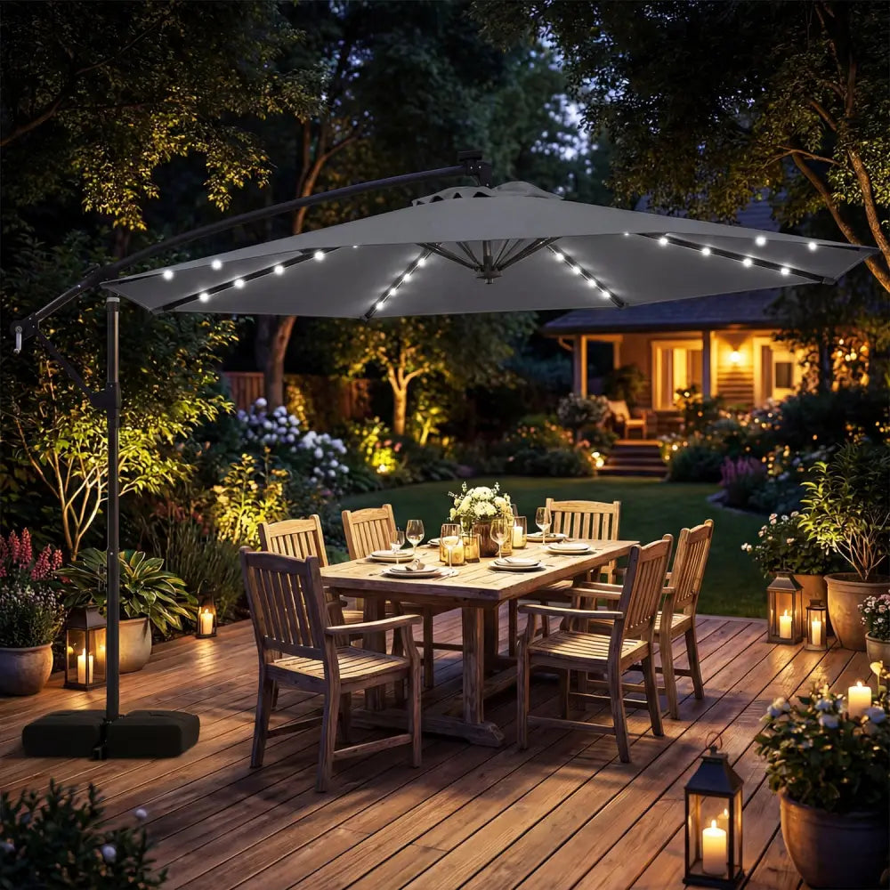 10 FT Solar LED Offset Cantilever Patio Umbrella Hanging Outdoor Market Umbrella-Gray - Gray - Outdoor Umbrellas