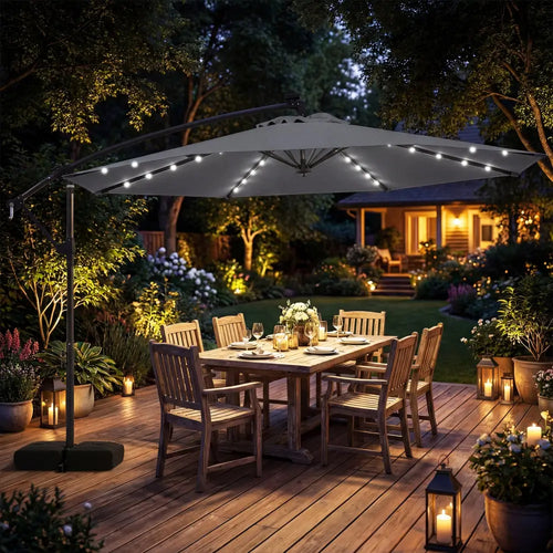 10 FT Solar LED Offset Cantilever Patio Umbrella Hanging Outdoor Market Umbrella-Gray - Gray - Outdoor Umbrellas