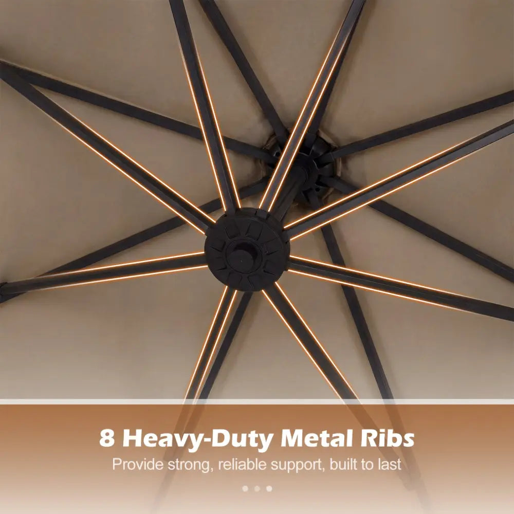 10 FT Solar LED Offset Cantilever Patio Umbrella Hanging Outdoor Market Umbrella-Brown - Brown - Outdoor Umbrellas