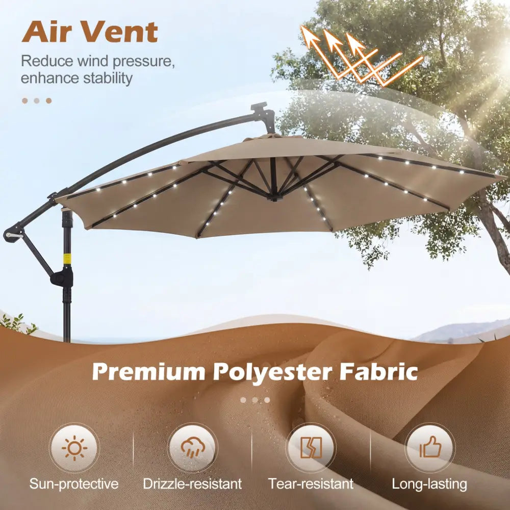 10 FT Solar LED Offset Cantilever Patio Umbrella Hanging Outdoor Market Umbrella-Brown - Brown - Outdoor Umbrellas