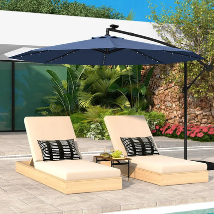 10 Ft Solar LED Offset Umbrella with 40 Lights and Cross Base for Patio-Blue - Blue - Outdoor Umbrellas