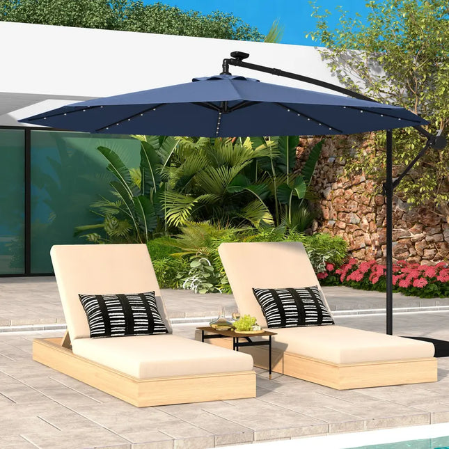 10 Ft Solar LED Offset Umbrella with 40 Lights and Cross Base for Patio-Blue - Blue - Outdoor Umbrellas